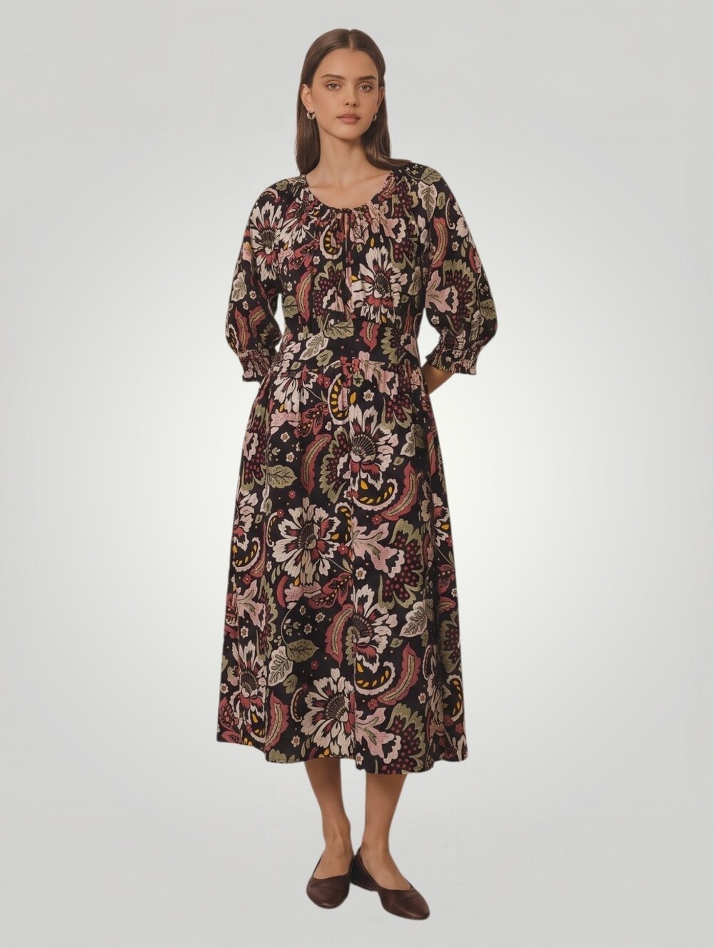 Ann Taylor Factory Floral Midi Dress 14P Navy Jacobean Print New